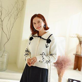 Collared Flower Embroidery Cardigan