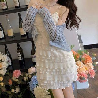 Pointelle Knit Cardigan / Spaghetti Strap Ruffle Mini Sheath Dress