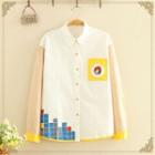 Printed Color Block Long-sleeve Shirt With Front Pocket