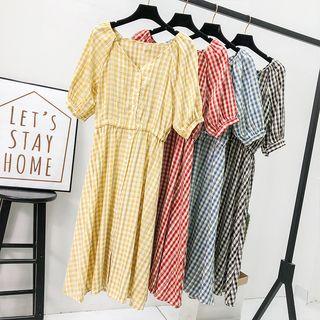 Lace-embroidered Checked Shirtdress