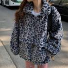 Leopard Print Furry Half-zip Pullover