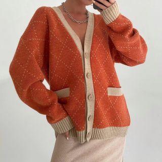 V-neck Button-through Argyle Print Cardigan