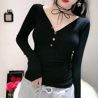 Plain V-neck Slim-fit Single-breasted Long-sleeve T-shirt
