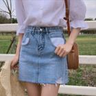 Contrast-panel Fray-hem Denim Mini Skirt