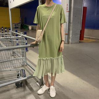 Lettering Mesh Panel Short-sleeve Midi T-shirt Dress