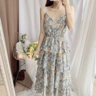 Spaghetti Strap Flower Print Midi Tiered Dress