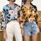 Flower V-neck Loose-fit Short-sleeve Shirt
