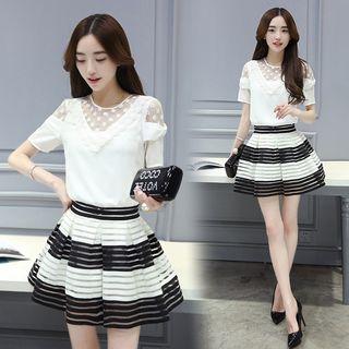 Set: Mesh Panel Short-sleeve Chiffon Top + Stripe Skirt