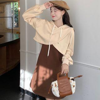 Long-sleeve Asymmetrical Hem Cropped Hoodie / Plain Mini Tank Dress