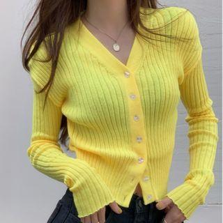 Ribbed Knit Cardigan Yellow - One Size