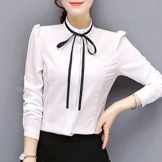 Ribbon Detail Stand Collar Long-sleeve Shirt