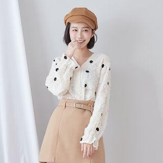 V-neck Flower Lace Dotted Buttoned Top