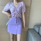 Puff-sleeve V-neck Plaid Cropped Blouse / Mini A-line Skirt / Set