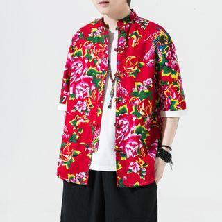 Elbow-sleeve Floral Print Frog-button Shirt