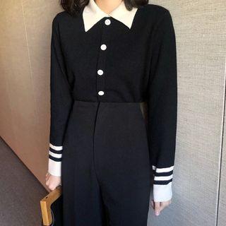 Contrast-trim Knit Blouse Black - One Size