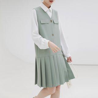 Set : Chiffon Shirt + Vest Pleated Dress