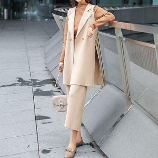 Set: Double-breasted Knit Vest + Wide-leg Pants Beige - One Size