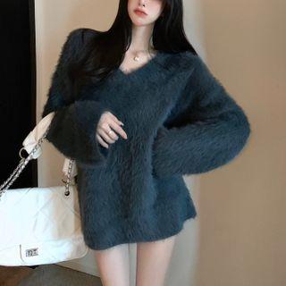 Oversized Furry-knit V-neck Sweater