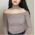 Long-sleeve Off Shoulder Plain Top