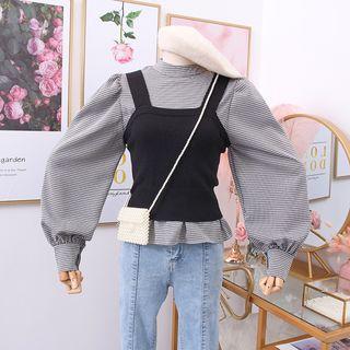Set: Bubble-sleeve Checker Blouse + Knit Vest