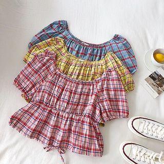 Plaid Square-neck Slim-fit Short-sleeve Blouse