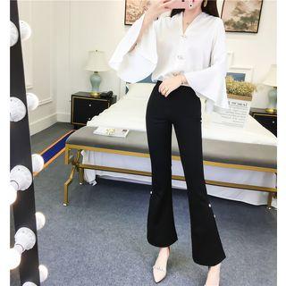 Set: Bell-sleeve V-neck Blouse + Slit Bell-bottom Pants
