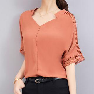 Perforated Panel Short-sleeve Chiffon Blouse