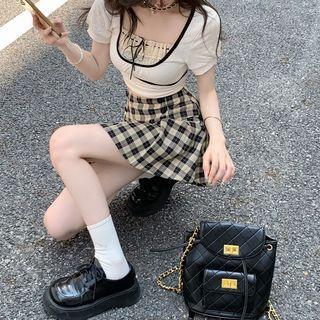 Lace Panel Cropped T-shirt / Plaid Mini A-line Skirt