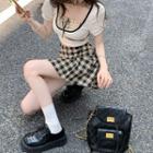 Lace Panel Cropped T-shirt / Plaid Mini A-line Skirt