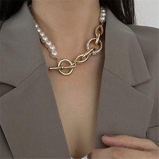 Geometric Alloy Faux Pearl Choker Gold & White - One Size