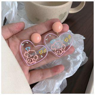 Dog Print Acrylic Heart Drop Earring / Clip-on Earring #6142 - 1 Pair - Drop Earrings - Pink & Transparent - One Size