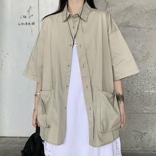 Elbow-sleeve Plain Shirt Jacket