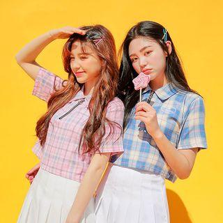 Zip-neckline Cropped Plaid Polo Shirt