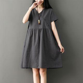 Plaid V-neck Short Sleeve Dress