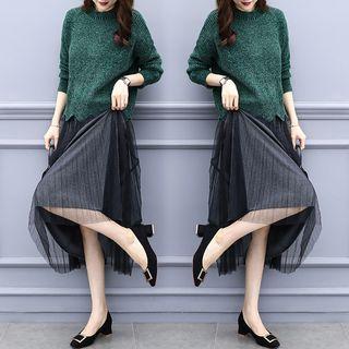 Set: Plain Sweater + Midi Mesh-overlay A-line Skirt