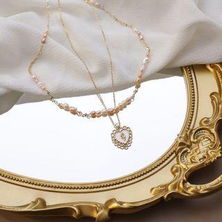 Set: Heart Pendant Necklace + Genuine Pearl Necklace As Shown In Figure - One Size