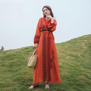 Long-sleeve Dotted Wrap Maxi Dress