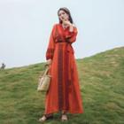 Long-sleeve Dotted Wrap Maxi Dress