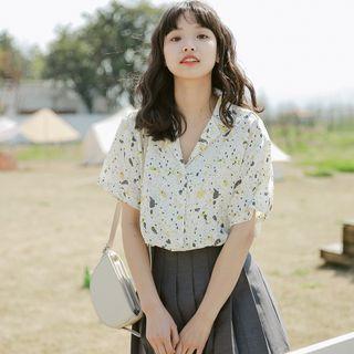 Short-sleeve Notch Lapel Floral Print Shirt