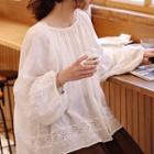 Lace-panel Puff-sleeve Blouse White - One Size