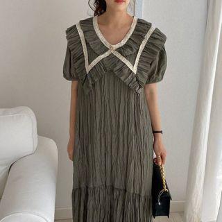Lace Trim Short-sleeve Maxi Shift Dress Green - One Size