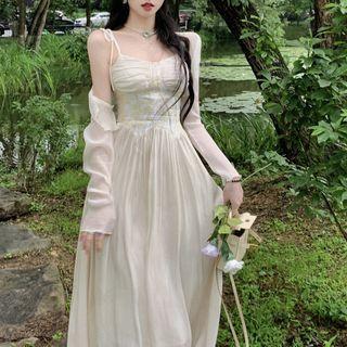 Spaghetti Strap Shirred Midi A-line Dress / Jacket