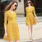 3/4-sleeve Embroidered A-line Sheath V-neck Plain Lace Dress