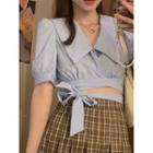 Puff-sleeve Cutout Crop Blouse / Plaid Pleated A-line Skirt