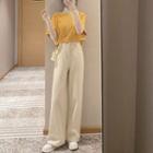 Elbow-sleeve T-shirt / Long-sleeve Mesh Top / Wide-leg Pants / Set
