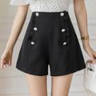 High-waist Double-breasted Plain Wood Ear Trim Wide-leg Shorts