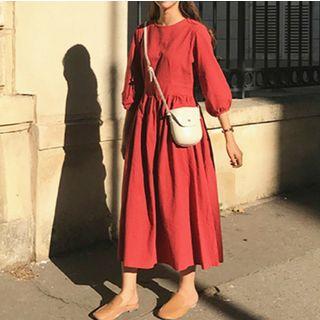 Crew-neck 3/4-sleeve Midi A-line Dress