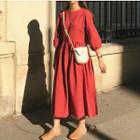 Crew-neck 3/4-sleeve Midi A-line Dress
