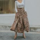 Buttoned Leopard Maxi Flare Skirt