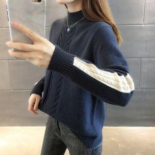 Mock-neck Color Block Cable Knit Sweater
